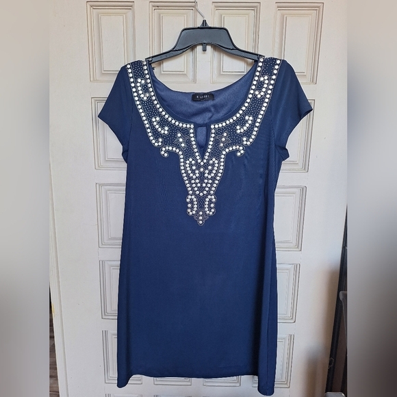 Be Smart Dress Embellished V Neck SzL? Cap Sleeves Navy Knee Length - Picture 2 of 8